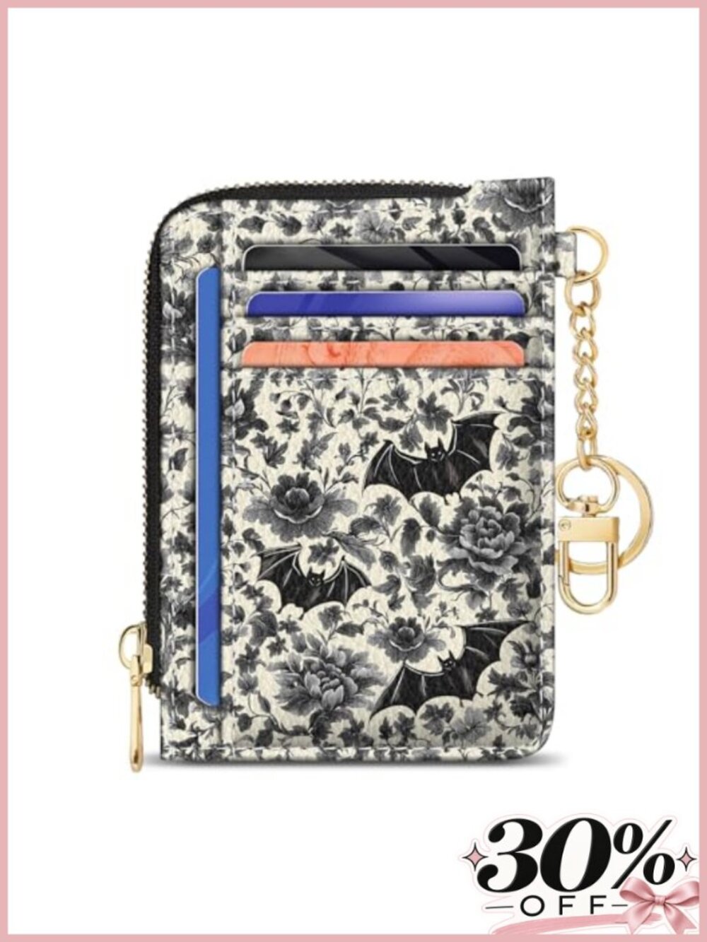 Slim RFID Blocking Card Holder Wallet with Zipper Coin Purse Gothic Bat Pattern